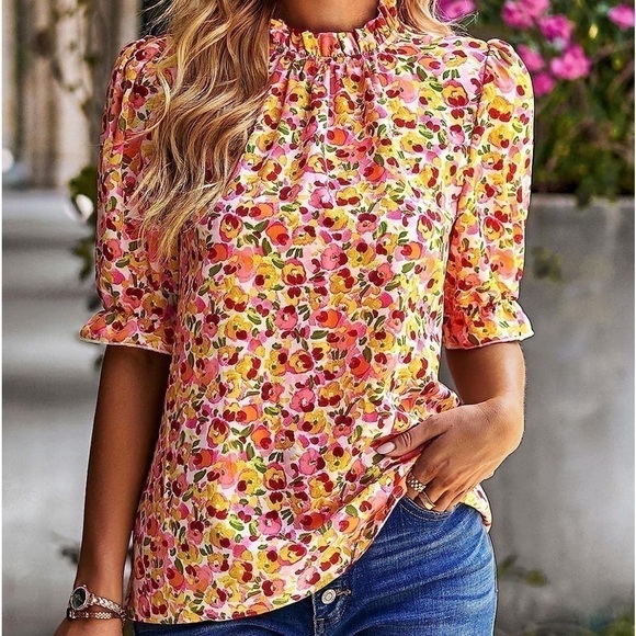 Tops - Boho Ruffle Neck Short Sleeve Frill Top